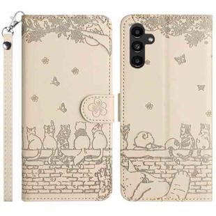 For Samsung Galaxy S24 Cat Embossing Pattern Leather Phone Case with Lanyard(Beige)
