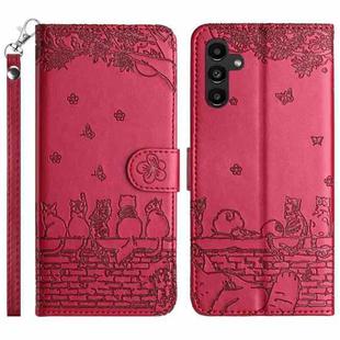 For Samsung Galaxy S24+ Cat Embossing Pattern Leather Phone Case with Lanyard(Red)