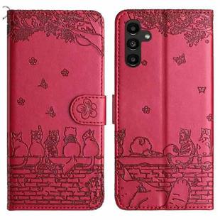 For Samsung Galaxy A15 5G Cat Embossing Pattern Leather Phone Case with Lanyard(Red)