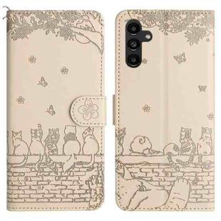For Samsung Galaxy A35 Cat Embossing Pattern Leather Phone Case with Lanyard(Beige)