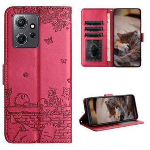 For Xiaomi Redmi Note 12 4G Global Cat Embossing Pattern Leather Phone Case with Lanyard(Red)
