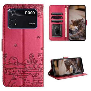 For Xiaomi Poco M4 Pro 4G Cat Embossing Pattern Leather Phone Case with Lanyard(Red)