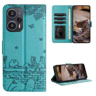 For Xiaomi Poco F5 Cat Embossing Pattern Leather Phone Case with Lanyard(Blue)