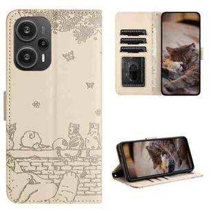 For Xiaomi Poco F5 Cat Embossing Pattern Leather Phone Case with Lanyard(Beige)