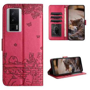 For Xiaomi Poco F5 Pro Cat Embossing Pattern Leather Phone Case with Lanyard(Red)