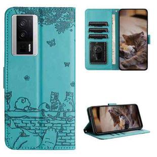 For Xiaomi Poco F5 Pro Cat Embossing Pattern Leather Phone Case with Lanyard(Blue)