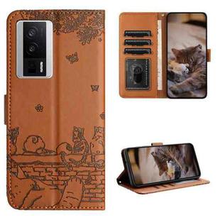 For Xiaomi Poco F5 Pro Cat Embossing Pattern Leather Phone Case with Lanyard(Brown)