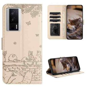 For Xiaomi Poco F5 Pro Cat Embossing Pattern Leather Phone Case with Lanyard(Beige)