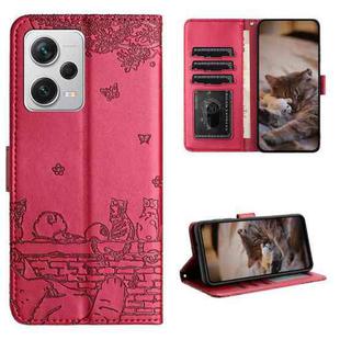 For Xiaomi Redmi Note 12 Pro Speed Cat Embossing Pattern Leather Phone Case with Lanyard(Red)