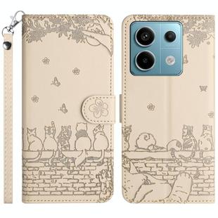 For Xiaomi Redmi Note 13 Pro 5G Cat Embossing Pattern Leather Phone Case with Lanyard(Beige)