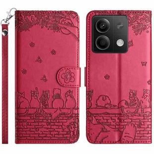 For Xiaomi Redmi Note 13 5G Cat Embossing Pattern Leather Phone Case with Lanyard(Red)