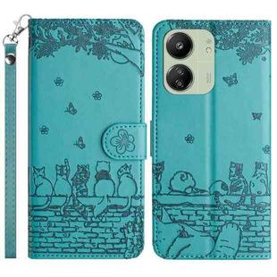 For Xiaomi Redmi 13C 4G/5G/13R 5G Cat Embossing Pattern Leather Phone Case with Lanyard(Blue)