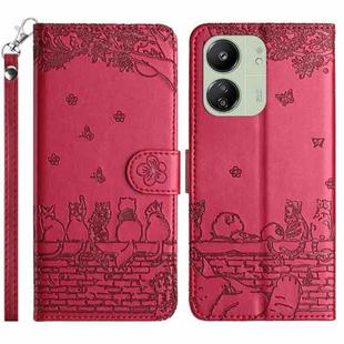 For Xiaomi Poco C65/Poco M6 Cat Embossing Pattern Leather Phone Case with Lanyard(Red)
