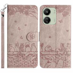 For Xiaomi Poco C65/Poco M6 Cat Embossing Pattern Leather Phone Case with Lanyard(Grey)