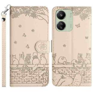 For Xiaomi Poco C65/Poco M6 Cat Embossing Pattern Leather Phone Case with Lanyard(Beige)