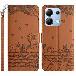 For Xiaomi Redmi Note 13 4G Cat Embossing Pattern Leather Phone Case with Lanyard(Brown)