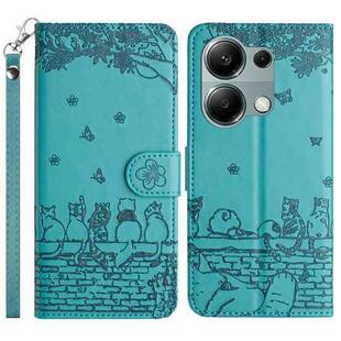 For Xiaomi Poco M6 Pro 4G Cat Embossing Pattern Leather Phone Case with Lanyard(Blue)