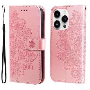 For iPhone 15 Pro Seven-petal Flowers Embossing Leather Phone Case(Rose Gold)