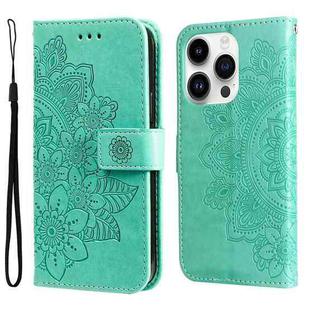 For iPhone 15 Pro 7-petal Flowers Embossing Leather Phone Case(Green)