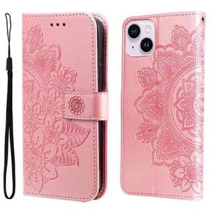 For iPhone 15 Seven-petal Flowers Embossing Leather Phone Case(Rose Gold)