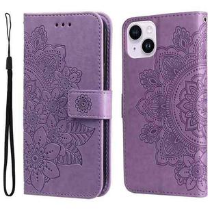 For iPhone 15 7-petal Flowers Embossing Leather Phone Case(Light Purple)