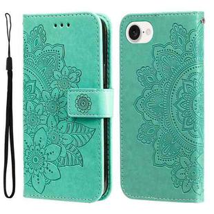 For iPhone SE 20224 Seven-petal Flowers Embossing Leather Phone Case(Green)