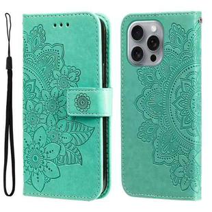 For iPhone 16 Pro Max 7-petal Flowers Embossing Leather Phone Case(Green)