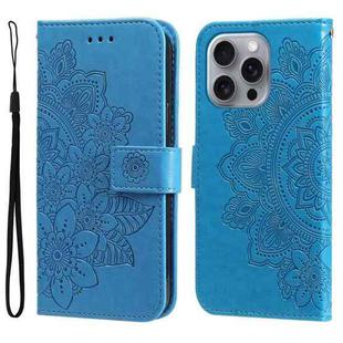 For iPhone 16 Pro Max Seven-petal Flowers Embossing Leather Phone Case(Blue)