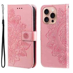 For iPhone 16 Pro Seven-petal Flowers Embossing Leather Phone Case(Rose Gold)