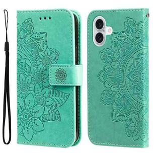 For iPhone 16 Plus Seven-petal Flowers Embossing Leather Phone Case(Green)