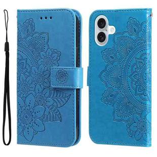 For iPhone 16 Plus 7-petal Flowers Embossing Leather Phone Case(Blue)