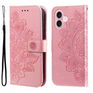 For iPhone 16 7-petal Flowers Embossing Leather Phone Case(Rose Gold)
