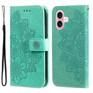 For iPhone 16 Seven-petal Flowers Embossing Leather Phone Case(Green)