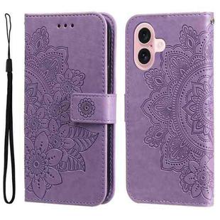 For iPhone 16 7-petal Flowers Embossing Leather Phone Case(Light Purple)