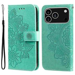 For iPhone 17 Pro Seven-petal Flowers Embossing Leather Phone Case(Green)