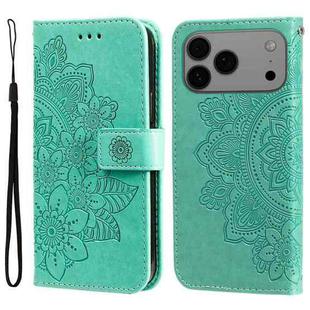 For iPhone 17 Pro Max Seven-petal Flowers Embossing Leather Phone Case(Green)