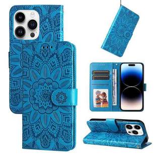 For iPhone 15 Pro Max Embossed Sunflower Leather Phone Case(Blue)