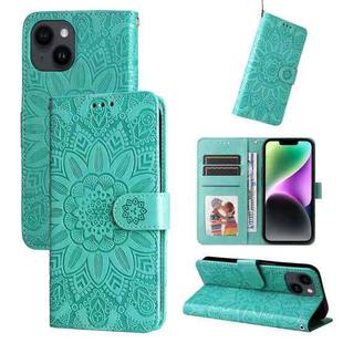 For iPhone 15 Plus Embossed Sunflower Leather Phone Case(Green)