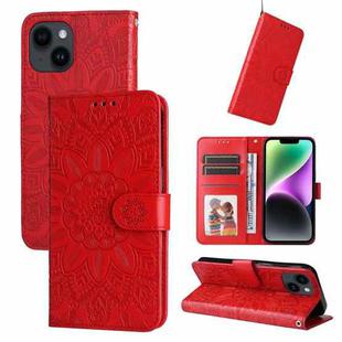 For iPhone 15 Plus Embossed Sunflower Leather Phone Case(Red)