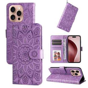 For iPhone 16 Pro Embossed Sunflower Leather Phone Case(Purple)