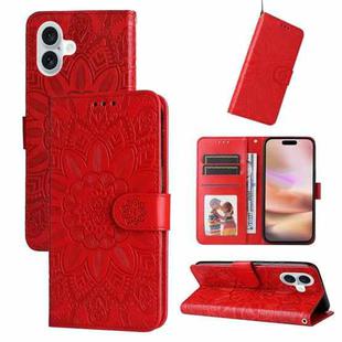 For iPhone 16 Plus Embossed Sunflower Leather Phone Case(Red)