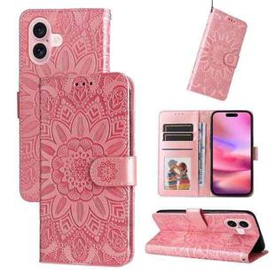 For iPhone 16 Embossed Sunflower Leather Phone Case(Pink)