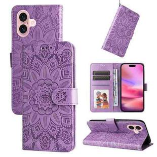 For iPhone 16 Embossed Sunflower Leather Phone Case(Purple)