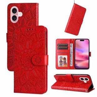 For iPhone 16 Embossed Sunflower Leather Phone Case(Red)