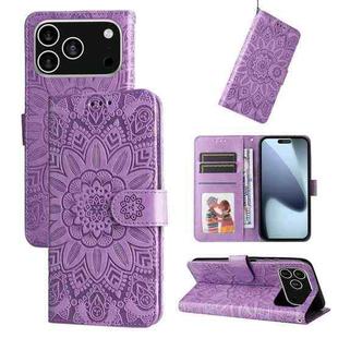 For iPhone 17 Pro Embossed Sunflower Leather Phone Case(Purple)