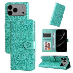 For iPhone 17 Pro Max Embossed Sunflower Leather Phone Case(Green)