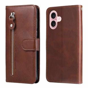 For iPhone 16 Fashion Calf Texture Zipper Leather Phone Case(Brown)