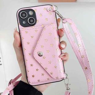 For iPhone 14 Plus Star Pattern Phone Case With Card Bag and Lanyard(Pink)