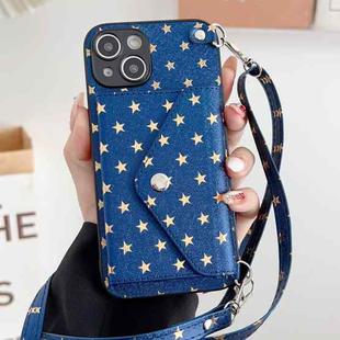 For iPhone 14 Star Pattern Phone Case With Card Bag and Lanyard(Blue)