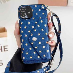 For iPhone 12 Star Pattern Phone Case With Card Bag and Lanyard(Blue)